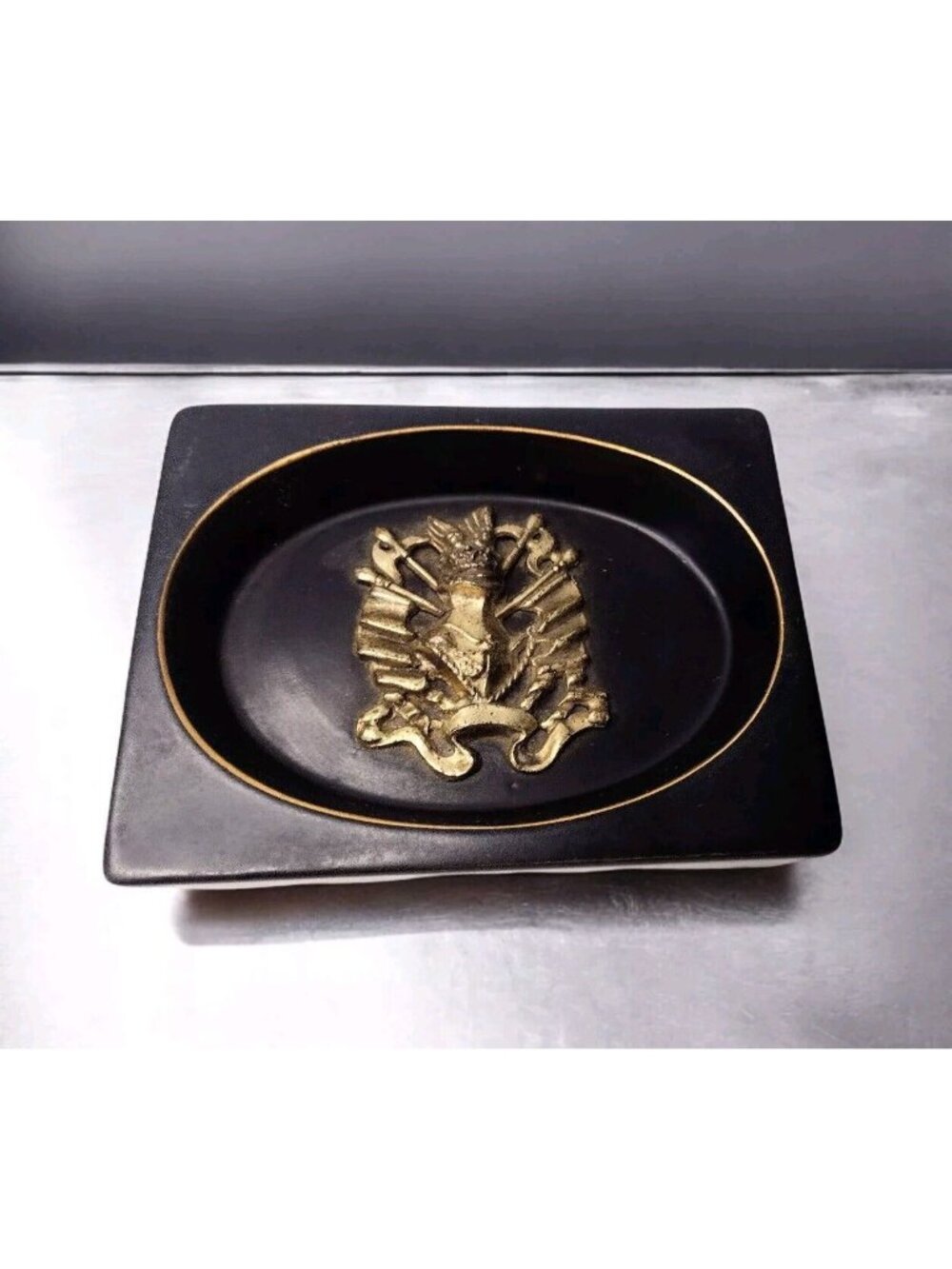 Vintage Ceramic Brass Crest Knight Ashtray Trinket Black Castle Medieval Office